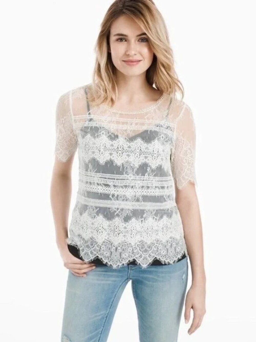 White House Black Market Short Sleeve Lace Overlay Top - Ecru - Size Large